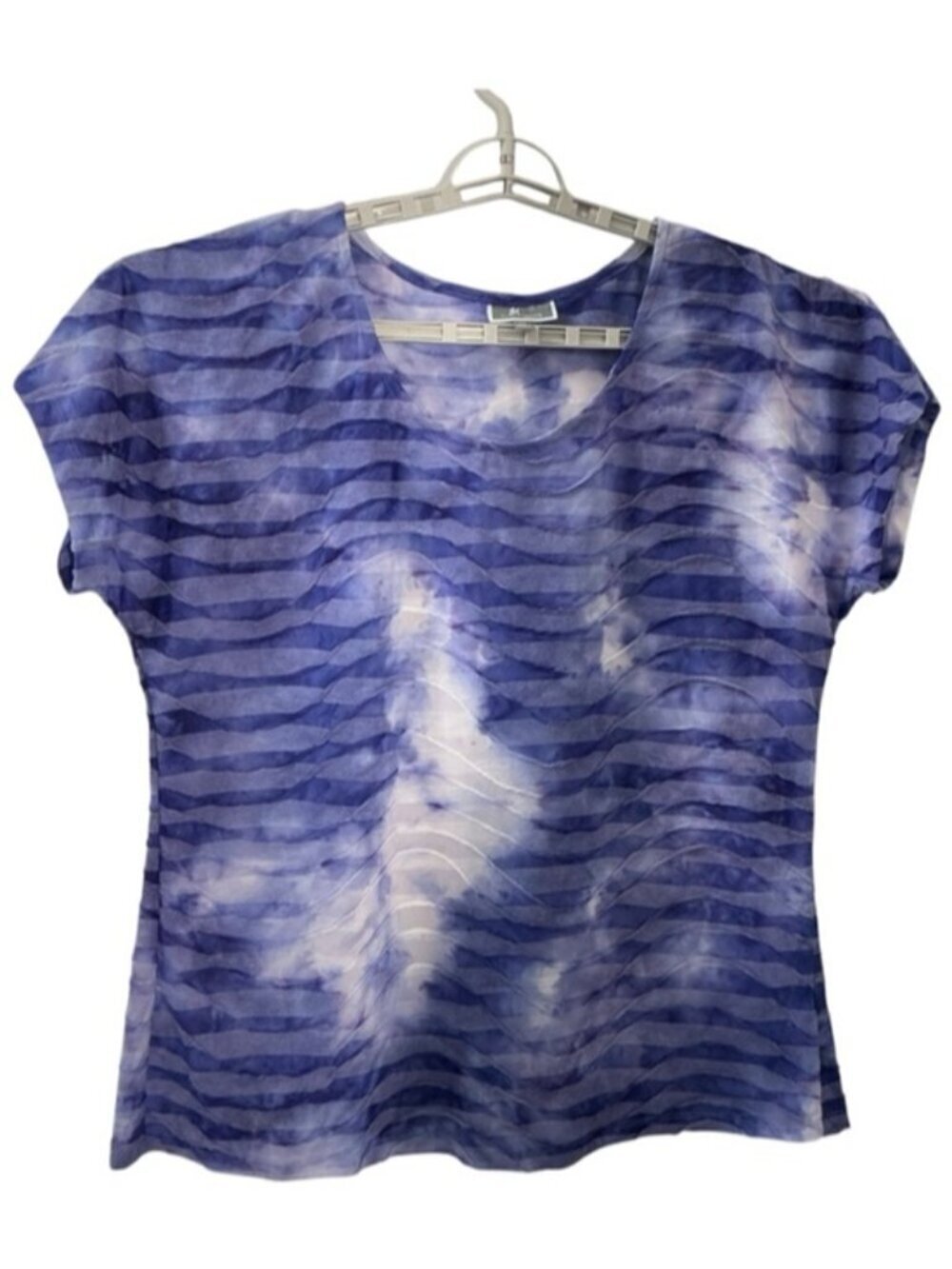 JM Collection Tie Dye Wavy Stripe Top Round Neck Top Purple White Women Plus 1X